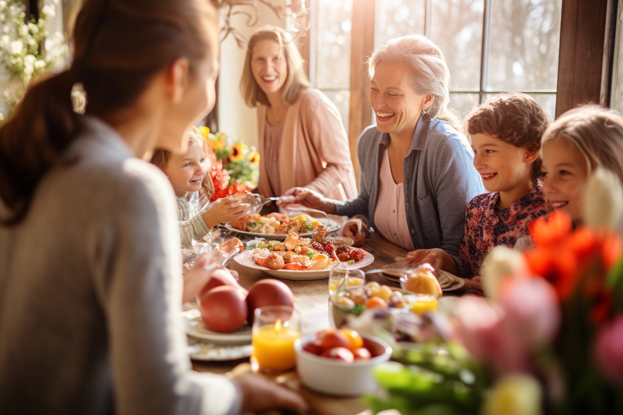 Familie genießt frischen Fisch und Meeresfrüchte zum Brunch – hochwertiger Fischgenuss von MioFisch für gemeinsame Momente am Esstisch.